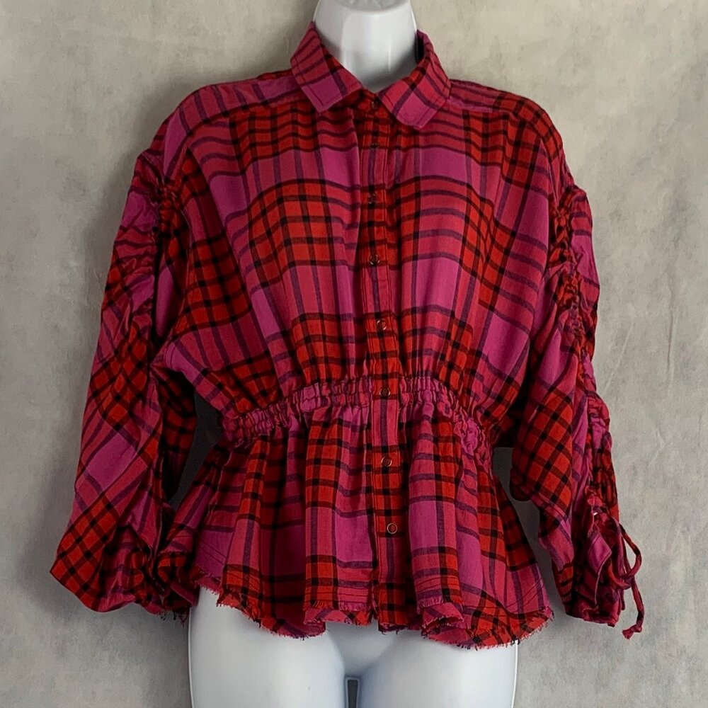 Free People Women's Pacific Dawn Drawstring Plaid Shirt, Red/Pink Multi